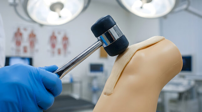 Medical professional using reflex hammer on knee model | Neurological exam clinical simulation | Patellar tendon reflex test training | Healthcare student orthopedic practice