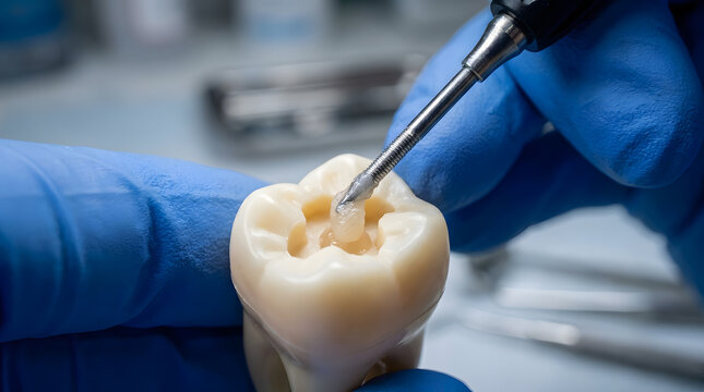 Dental composite resin application | Professional tooth restoration procedure | Dentist using specialized tools on molar model | Modern dentistry techniques and oral care