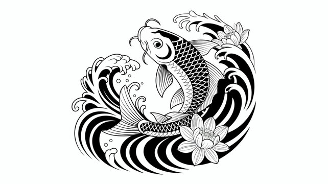 Black and white koi fish, wave, lotus flower, tattoo design, vector illustration, monochrome