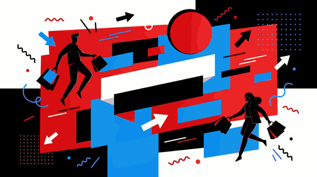 Shopping spree with silhouetted figures, vibrant abstract shapes, and directional arrows representing consumerism and movement