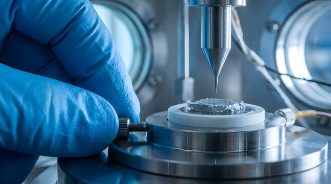 scanning tunneling microscope research laboratory | scientist adjusting stm tip for nanotechnology | atomic scale materials science experiment | high precision scientific vacuum chamber setup