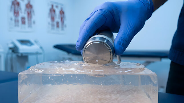 medical professional using ultrasound probe on gel phantom | diagnostic imaging technology in physical therapy clinic | gloved hand performing ultrasound scan procedure | ultrasound transducer testing