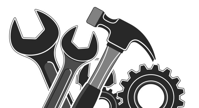Construction tools vector illustration with wrenches and hammer, mechanical repair service concept icon, industrial gear line art.