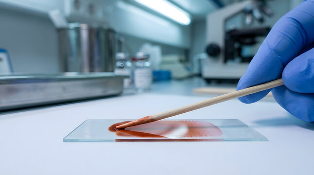 preparing blood smear on glass slide in lab | hematology lab technician spreading blood sample | clinical blood test for microscopic analysis | medical researcher performing blood film preparation