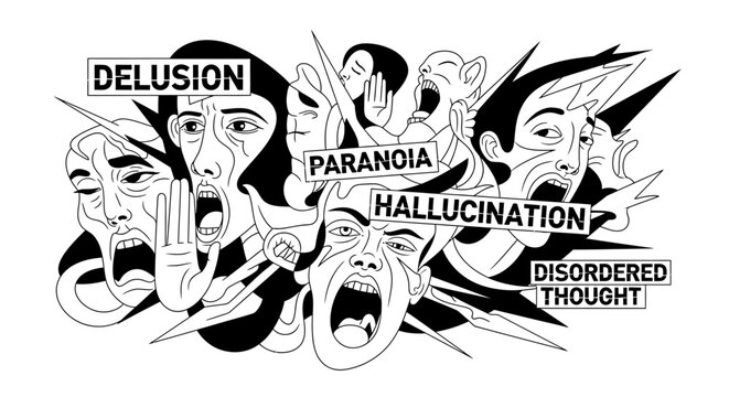 Schizophrenia and psychosis mental health concept vector, delusion paranoia hallucination line art illustration, disordered thought psychological graphic.