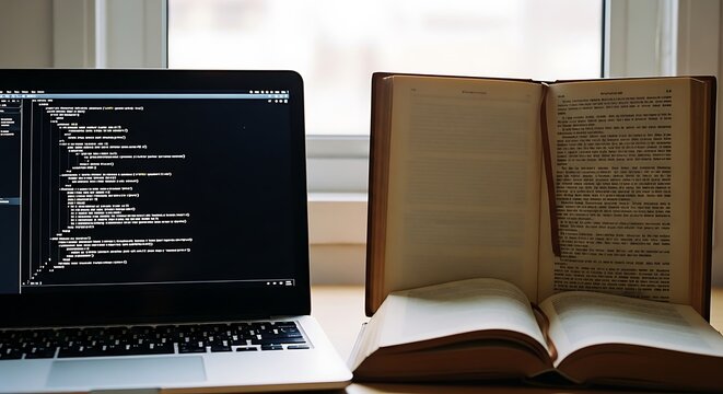 Laptop with computer code and open textbook on a desk for study