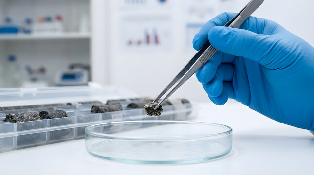 Gloved hand using forceps to transfer core sample | Laboratory mineral soil analysis procedure | Scientific geological research and testing | Quality control in materials science lab
