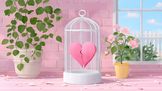 Love trap, Love trap and broken heart inside a glass box flat illustration concept.