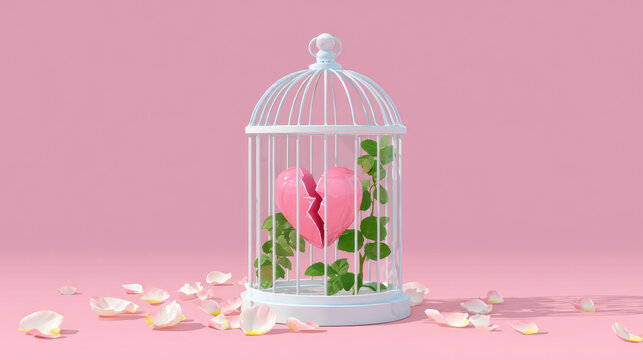 Love trap, Love trap and broken heart trapped inside a glass box in a flat illustration style.