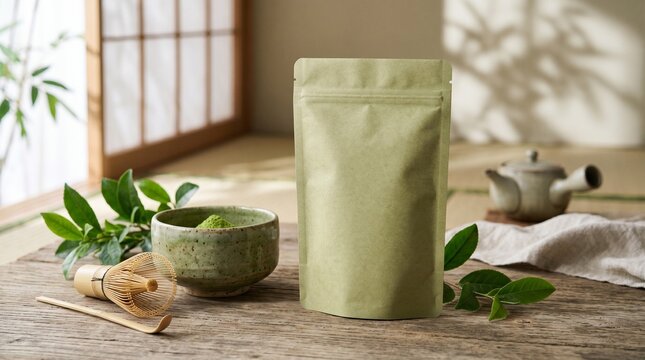 Minimalist Matcha Tea Pouch and Traditional Tea Set in Japanese Room