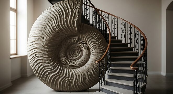 Large fossil ammonite shell sculpture placed beside a spiral staircase