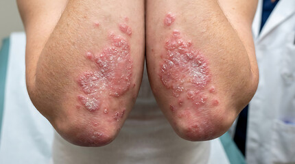 Naklejka premium Detailed close-up of human elbows exhibiting severe psoriasis, characterized by red, scaly, and inflamed skin plaques