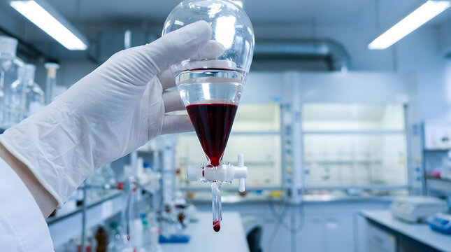 Hand in white glove holding laboratory separating funnel | Chemical liquid extraction process in research lab | Science experiment with immiscible liquids in glassware | Scientist performing solvent 