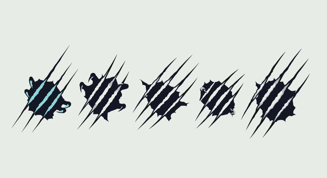 Collection of five different black animal claw mark or scratch illustrations on a plain light grey background for graphic design.