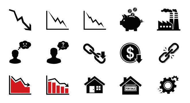 Economic crisis and recession icon set. Financial crash black glyph icons.