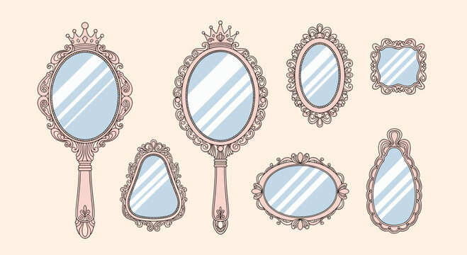 Collection of ornate vintage-style mirror frames and hand mirrors decorated with crowns and intricate patterns on pink background.