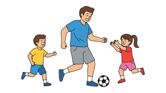 Father and children playing football