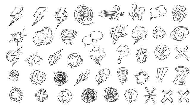Collection of hand-drawn comic book elements such as speech bubbles, lightning bolts, and spirals on a clean white background.