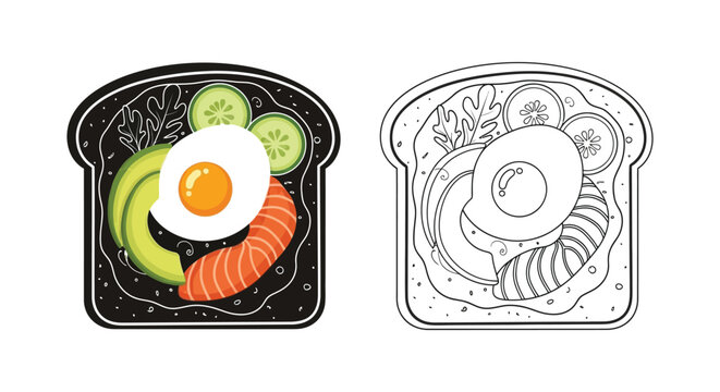 Toast with avocado and egg illustration black and white silhouette