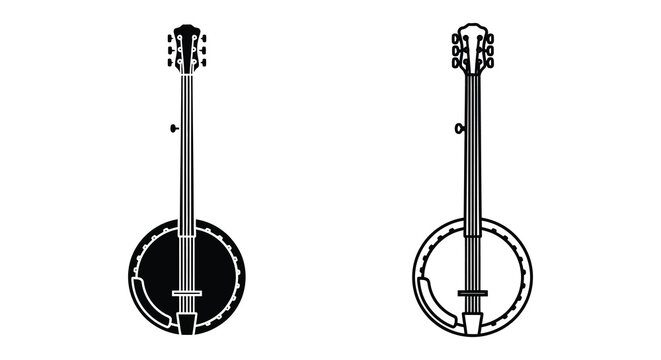 Banjo silhouettes two acoustic instruments in black on white background silhouette
