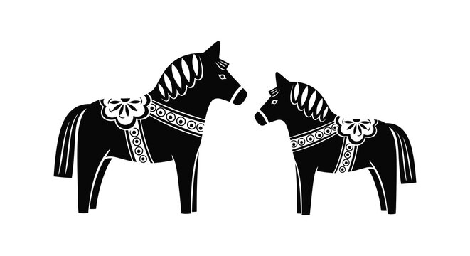 Two dalecarlian horses facing each other black silhouette