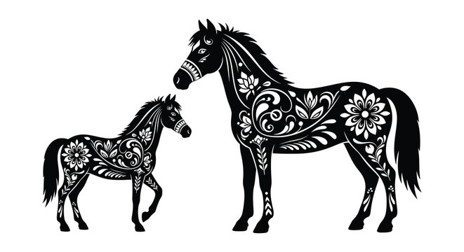 Horse and foal silhouette with floral patterns black and white silhouette