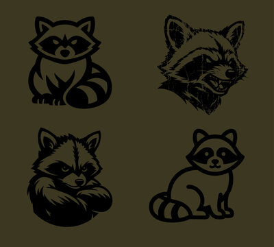 Set of stylized black raccoon illustrations mixing cute, fierce and realistic designs for logos, mascots and graphic design projects