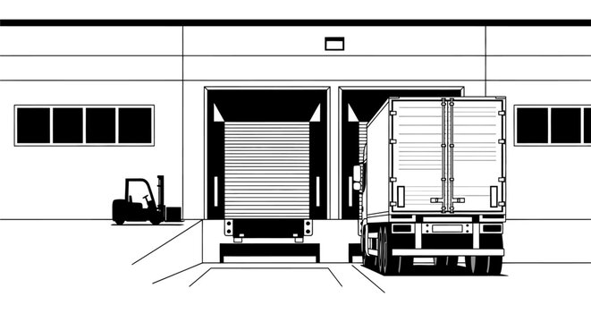 Warehouse loading dock with delivery truck and forklift, concept of logistics, supply chain, and distribution, vector line art illustration.
