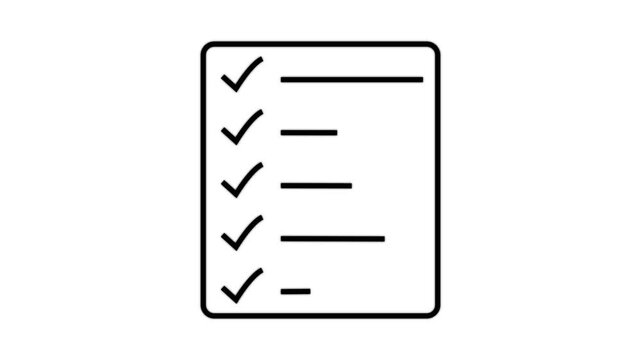 A simple line drawing depicts a checklist with five check marks indicating completed tasks. document clipboard icon.
