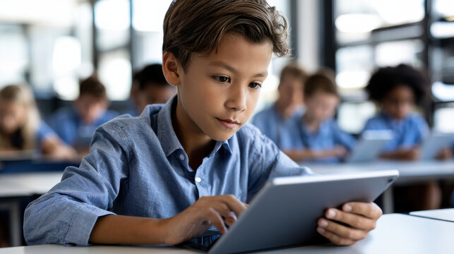 Young boy tablet focused student interactive learning digital education modern classroom elementary school technology concentration study screen