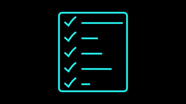 A simple line drawing depicts a checklist with five check marks indicating completed tasks. document clipboard icon.