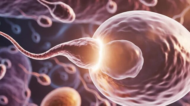 Human sperm cell fertilizing an egg with the process of conception and biological reproduction in a detailed 3D rendering