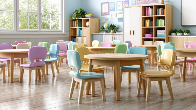 Colorful classroom kindergarten preschool nursery early education round table wooden chair bright interior empty room learning space colorful chair children furniture playroom daycare sunlight