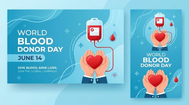 World blood donor day poster with hands holding heart and blood bag on blue background