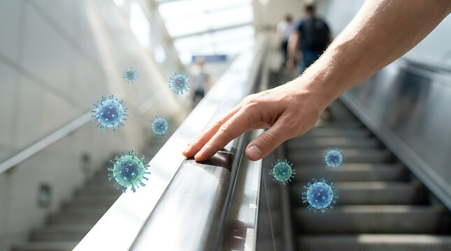 Hand touching escalator rail with virus particles, public transport safety concerns