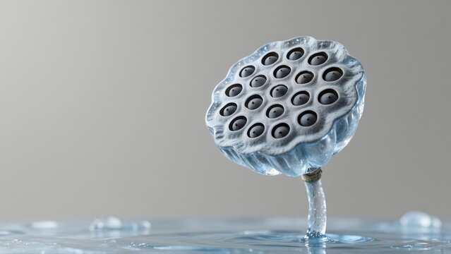 Transparent lotus seed pod emerging from water