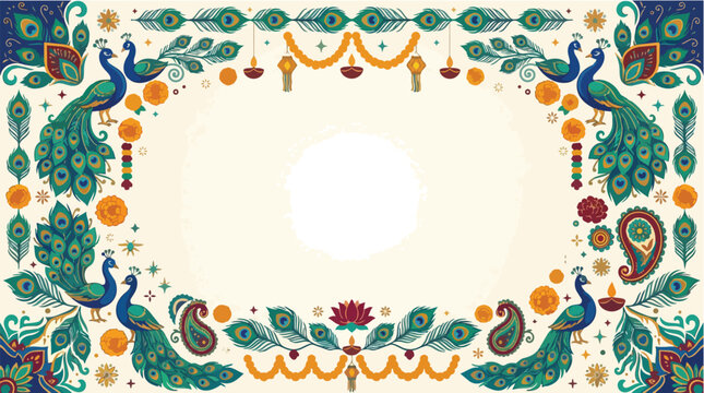 Decorative peacock and feather border with traditional Indian lanterns and floral motifs for festive celebrations