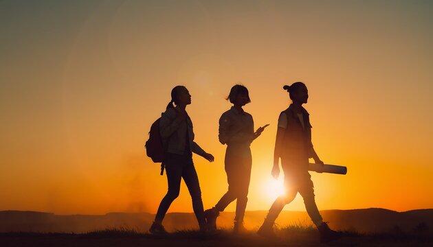 Three adventurous individuals silhouetted against a vibrant sunset, embarking on a shared journey of exploration and discovery, highlighting collaboration and the beauty of nature