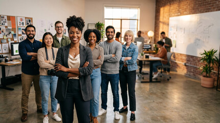 Obraz premium Diverse creative team posing inside modern design studio confident female creative director leading collaborative agency staff warm cinematic lighting realistic business portrait with cheerful mood 