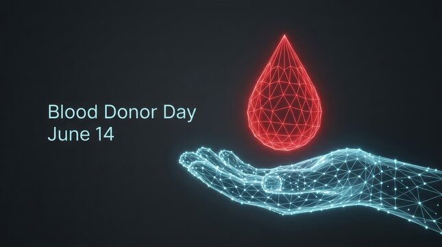 World blood donor day illustration with glowing hand and red drop on dark background