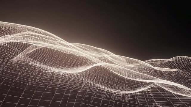 Undulating wireframe waves on dark grid