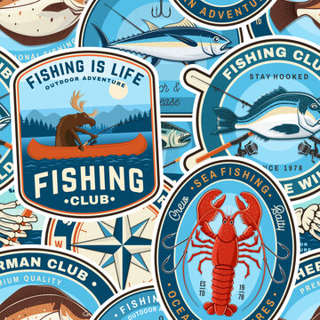 Vintage Fishing Sticker Collage with Retro Nautical Patches and Marine Badges. Vector background with retro fishing patches, nautical badges, marine life elements, fish, lobster, octopus and ocean