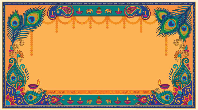 Vibrant Indian border design with peacock feathers, diyas, and elephants for festive celebrations