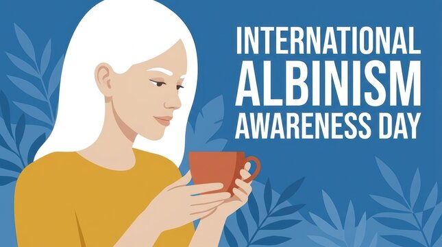 International albinism awareness day illustration of a woman with white hair holding a cup