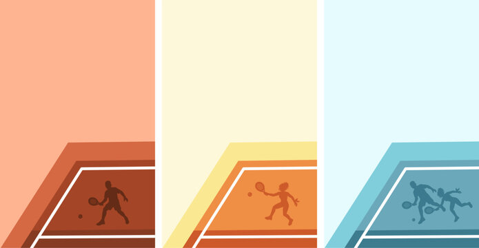 Padel tennis portrait background set featuring male and female players on court. Gen Z urban sport illustration template with vibrant color variations, geometric shading layers, and large copy space