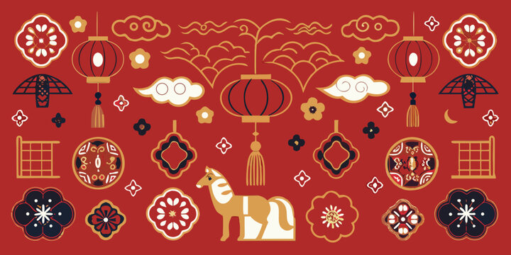 lunar new year pattern with lanterns and zodiac ox