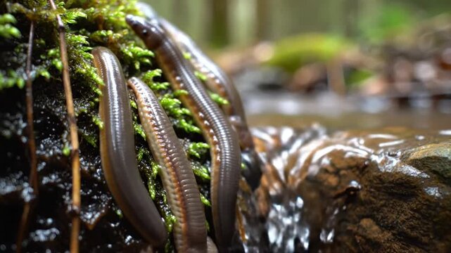 Close-up of leeches on a mossy rock in a forest stream with running water