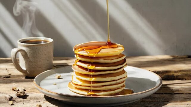 Pouring maple syrup over steaming pancake stack on rustic table