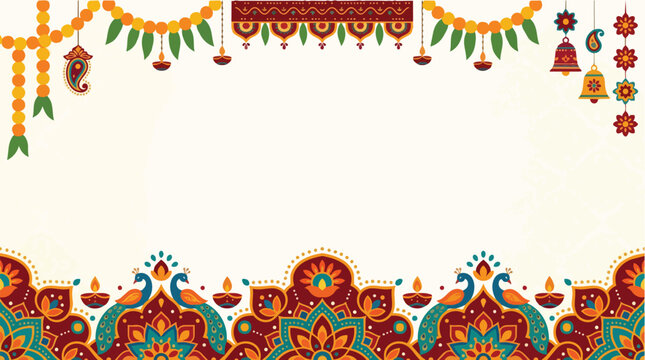 Decorative Indian festival border with peacock motifs, diyas, and floral garlands for celebration