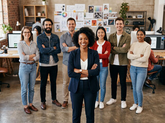 Fototapeta premium Diverse creative team standing in modern design studio with confident female creative director, graphic designers, photographers and marketers, collaborative workspace, professional group portrait